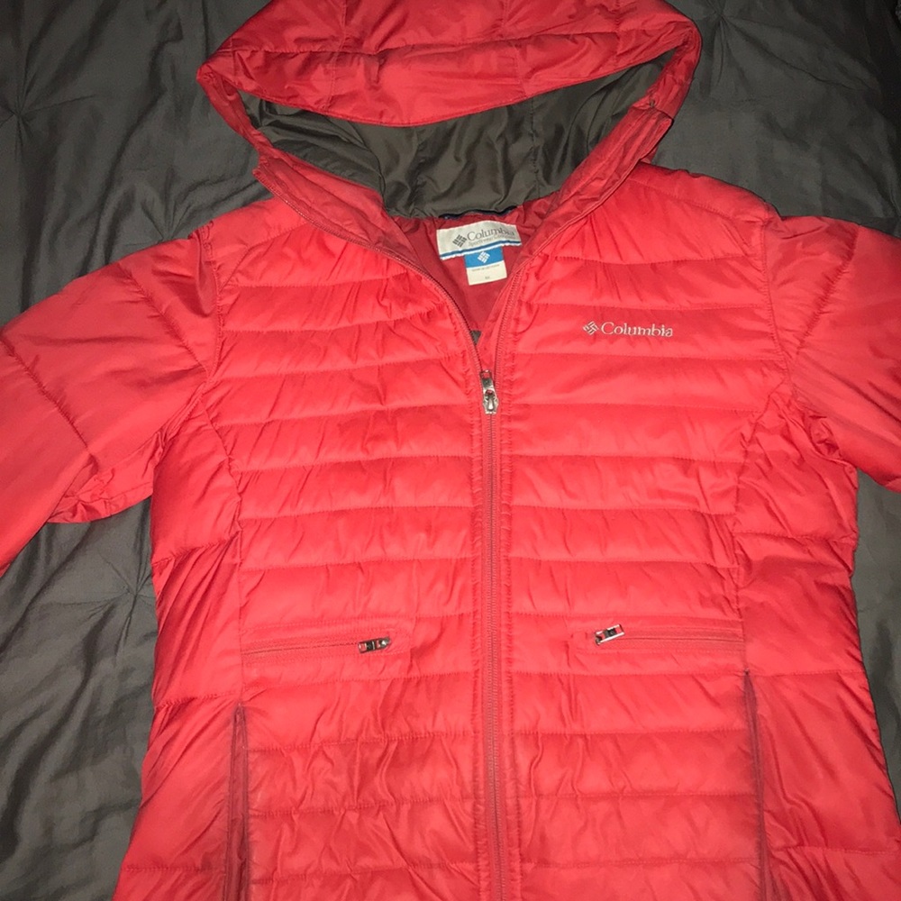 Bright orange used Columbia winter coat